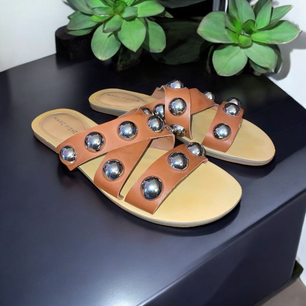 Marc Fisher Bryte 2 Size 8 Brown Leather Strappy Sandals with Silver Ball Design